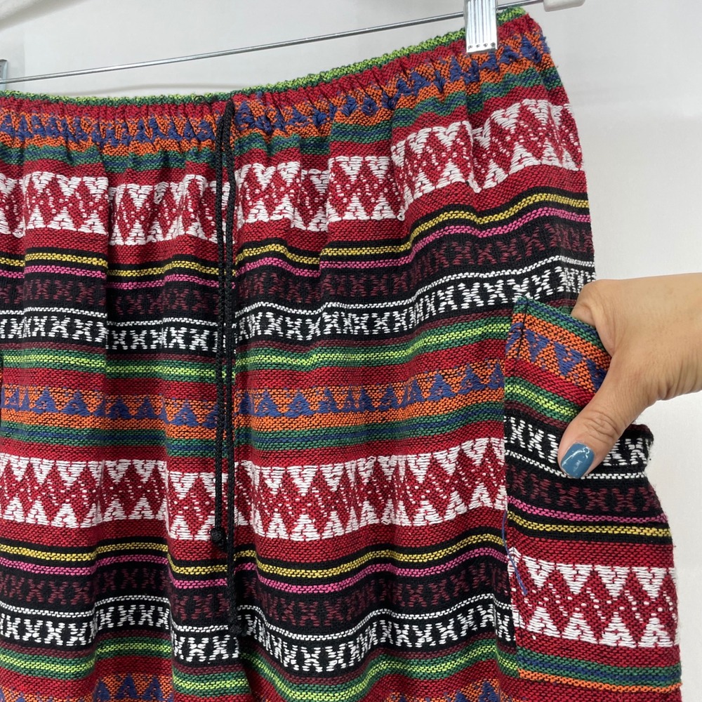 Size L/XL Boho Tribal‎ Striped Cotton Harem Pants Red Pull on Drawstring Joggers - Picture 3 of 6